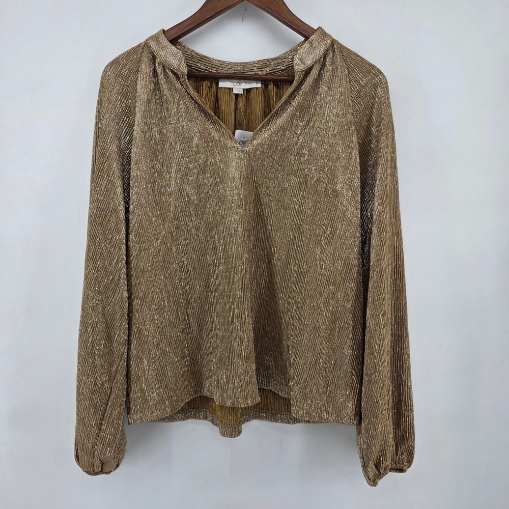 LOFT Gold Metallic Pleated V-Neck Long Sleeve Blouse Size S